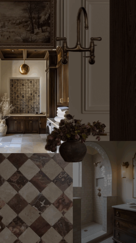 Elegant interior with warm lighting and rustic decor.